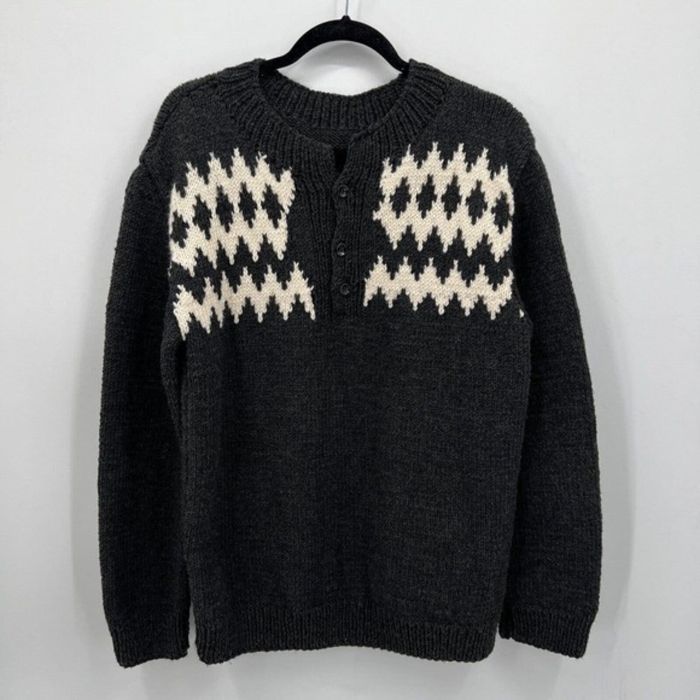 Handmade Sweater Chunky Hand Knit Intarsia Henley Chevron